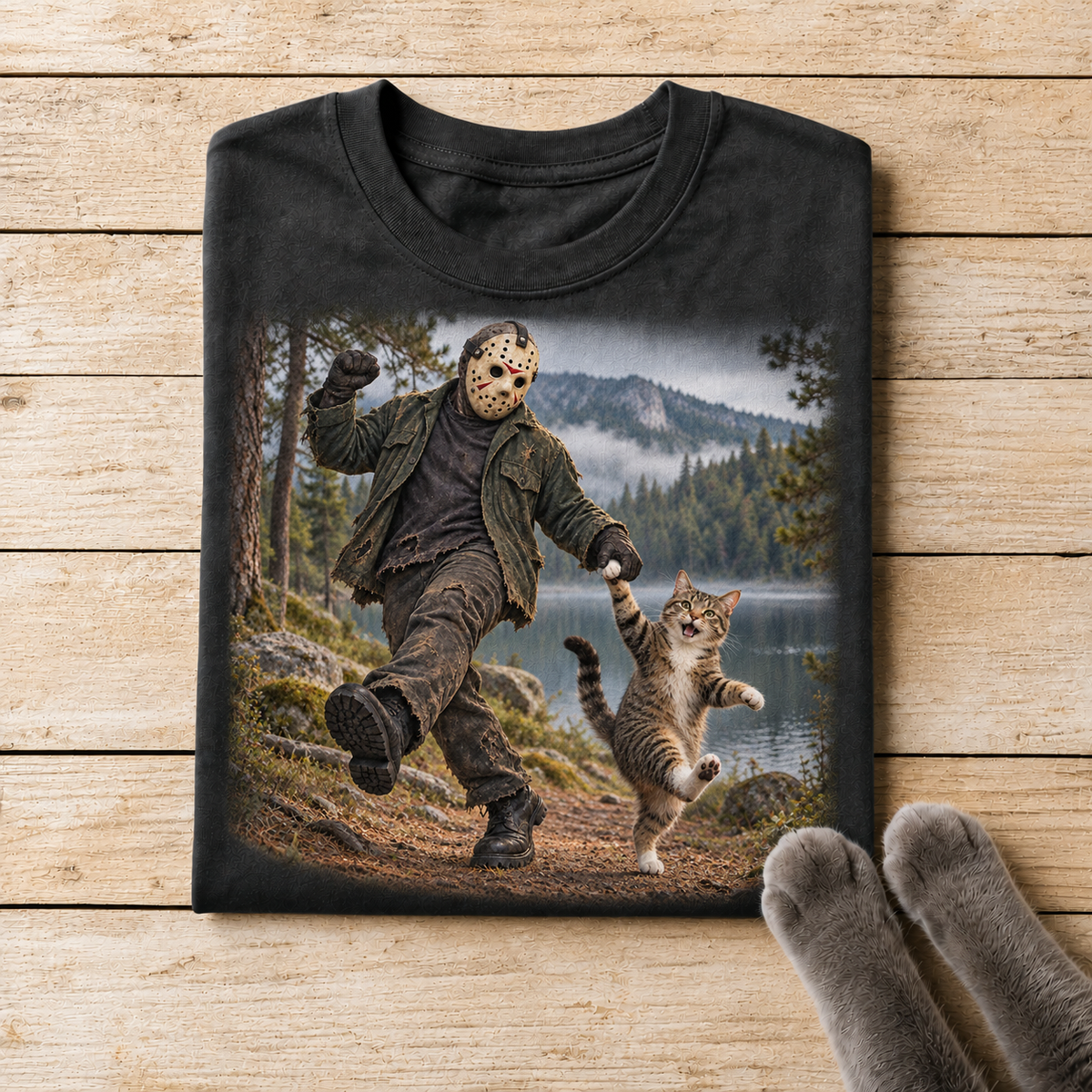 Lake Monster and Dancing Cat Forest T-Shirt Design