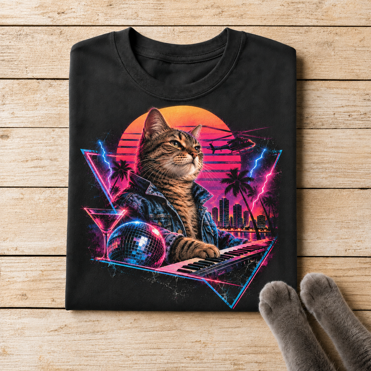 Miami Synthwave Cat – 80s Retro Music T-Shirt Design
