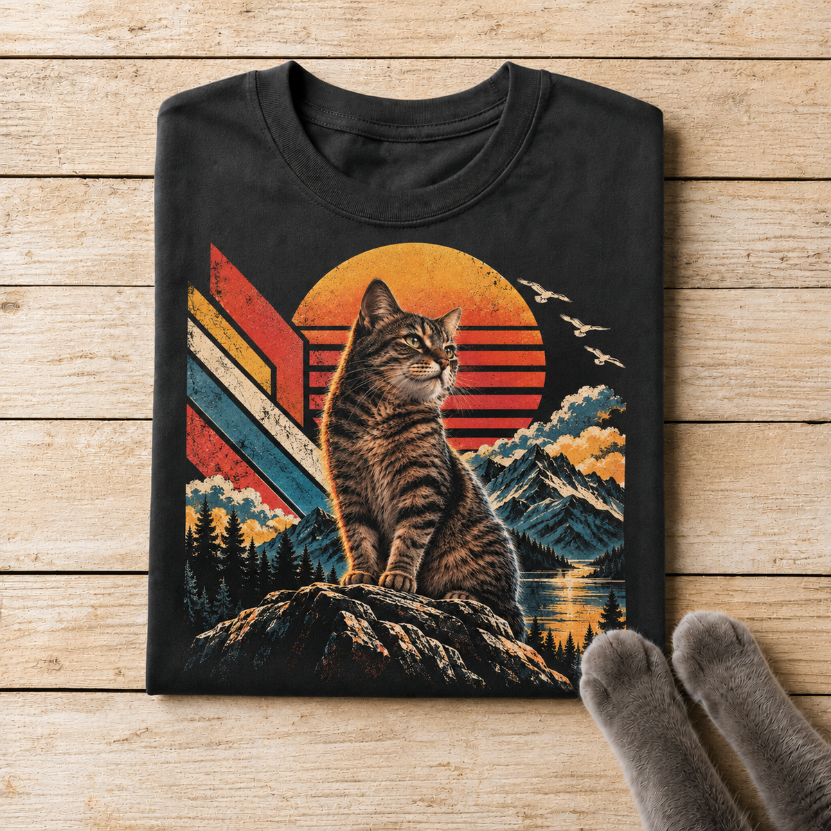 Retro Wilderness Cat – 80s Mountain Sunset T-Shirt Design