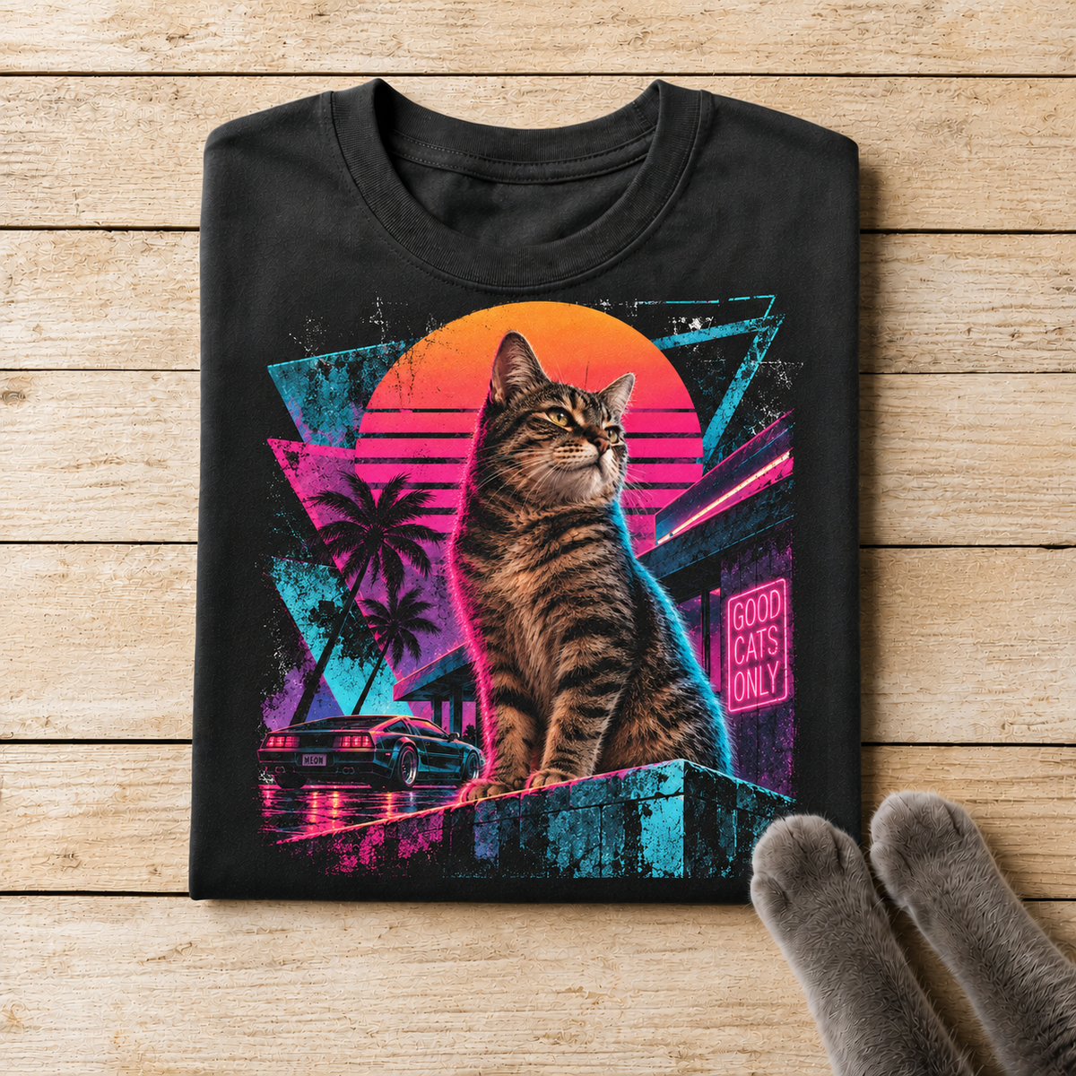 80s Miami Synthwave Cat Graphic T-Shirt