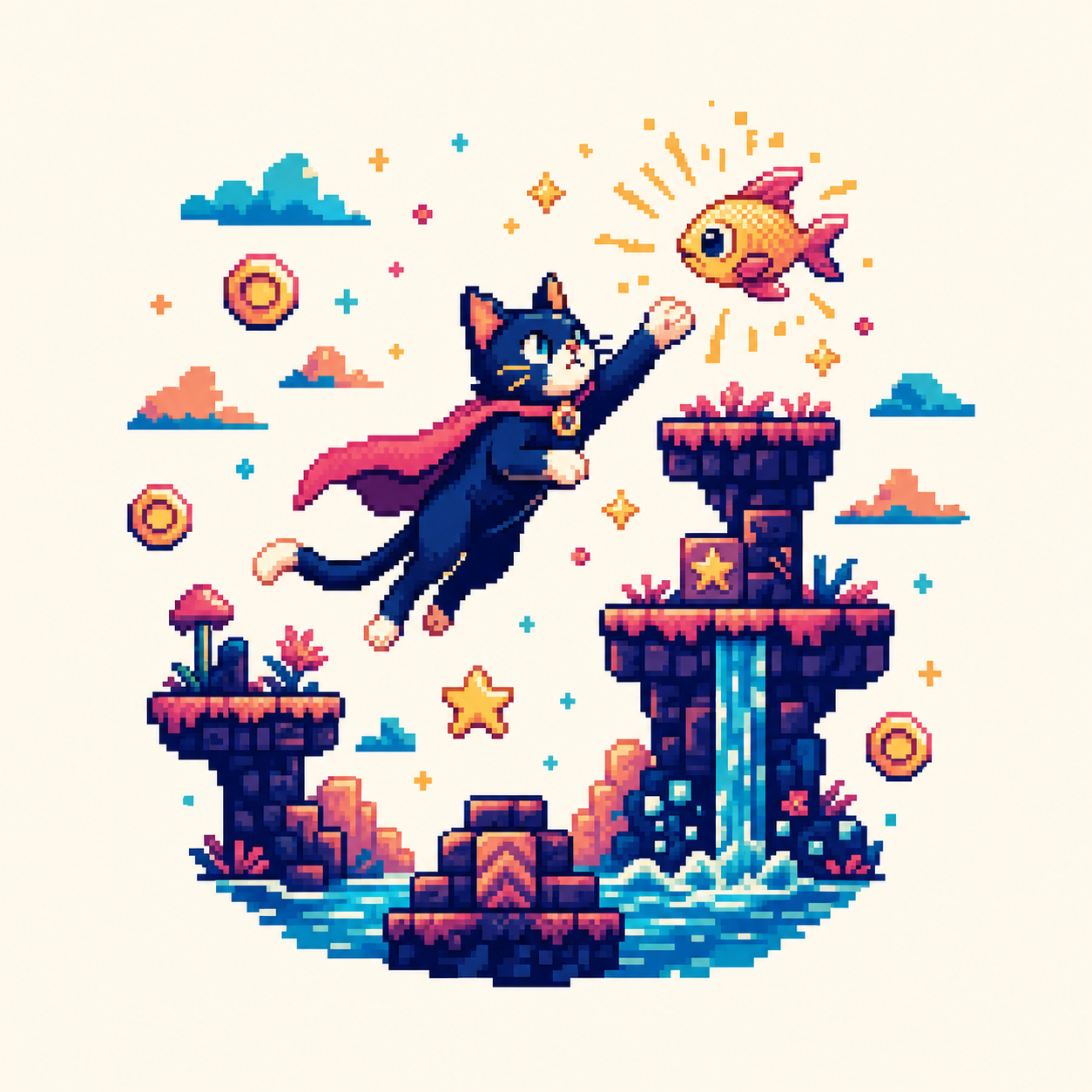 Pixel Art Superhero Cat Shirt – Retro Gaming Cat & Golden Fish Graphic Tee