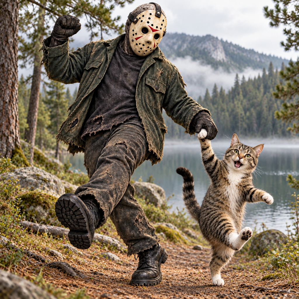 Lake Monster and Dancing Cat Forest T-Shirt Design