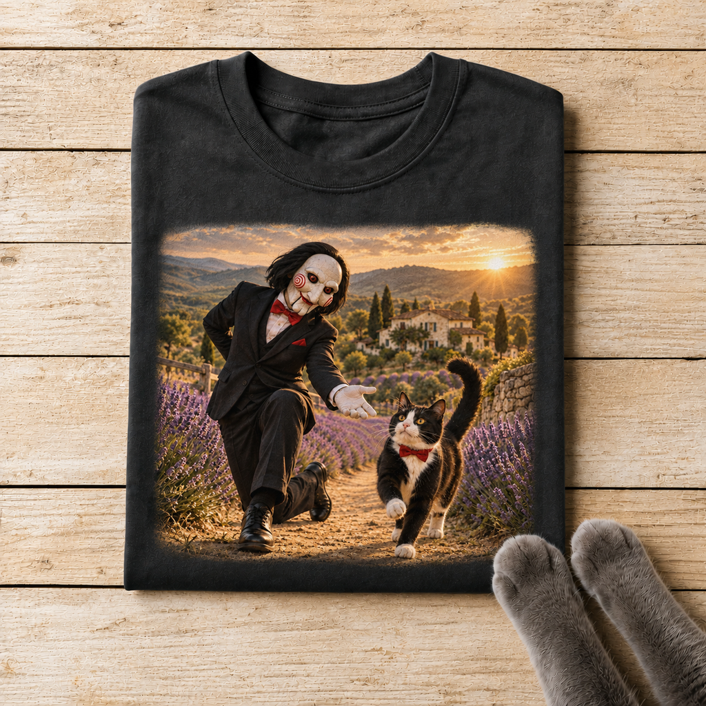 Masked Doll and Tuxedo Cat Lavender Field T-Shirt Design