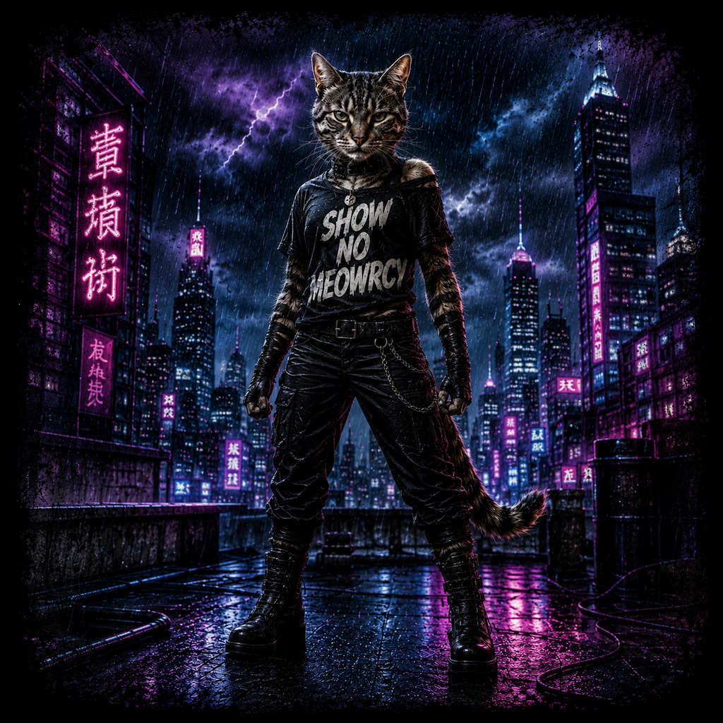 Show No Meowrcy Cat Shirt | Cyberpunk Cat Graphic Tee for Women