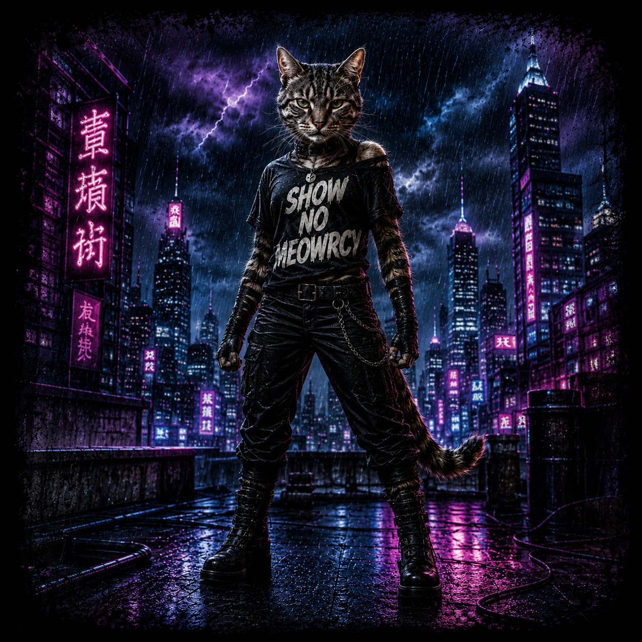 Show No Meowrcy Cat Shirt | Cyberpunk Cat Graphic Tee for Women